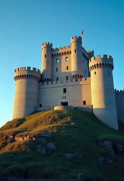 Historic Norman Castle Keep Cradle on Hilltop with Majestic Crenellations and Towers