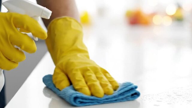 Person cleaning a white surface with a blue cloth and spray bottle
