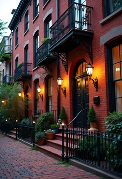 Historic Red Brick Townhouse with Ornamental Iron Railings in Charming Urban District