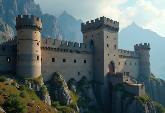 Imposing Romanesque Fortress with Thick Defensive Walls and Towering Keep Amidst Majestic Peaks
