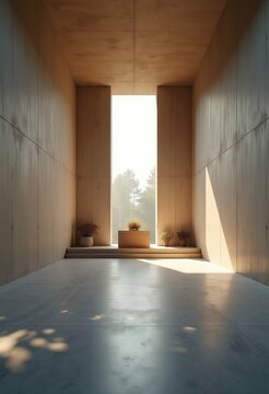 Minimalist Chapel Exuding Tranquility with Concrete Walls Embraced by Dappled Sunlight and Open Aisles