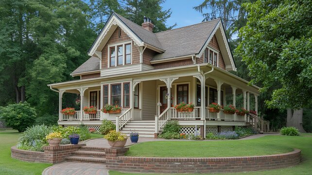 Large house with a wraparound porch and flower boxes on a green lawn