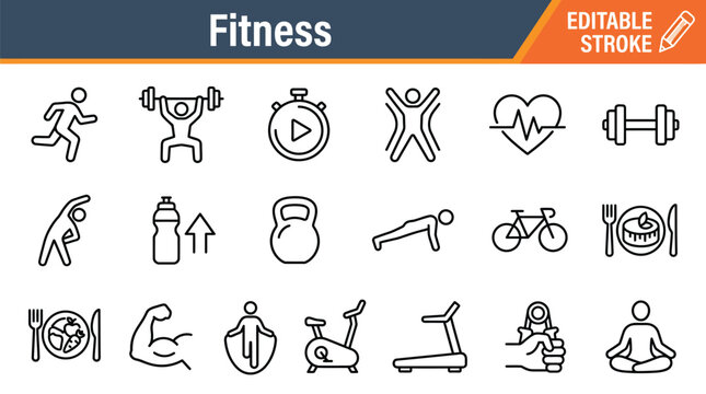 Fitness icons demonstrate active lifestyle habits like lifting weights and running to promote health and wellness in modern media design.