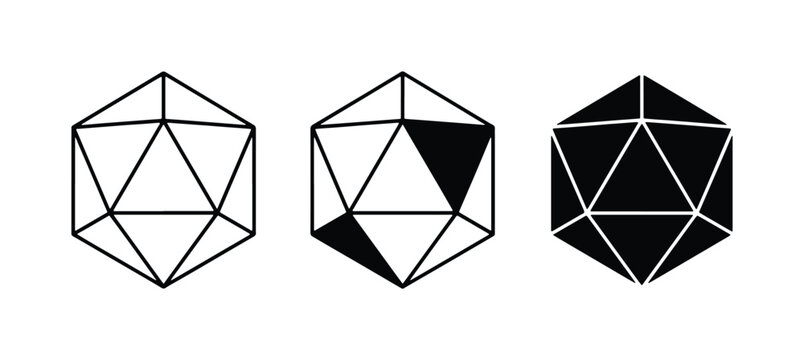 Icosahedron Geometric Shapes, Wireframe, Filled, and Shaded Variations