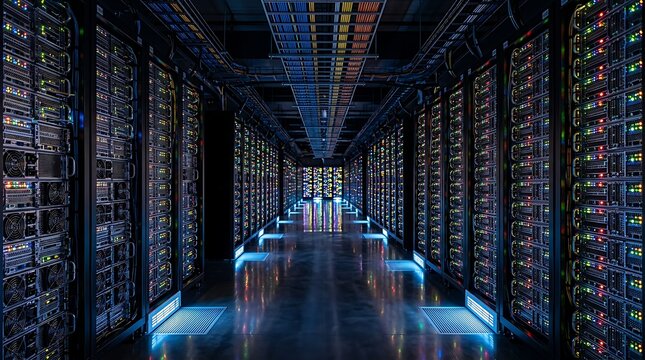 Dark server room with illuminated blue and orange computer racks computer technology internet information.