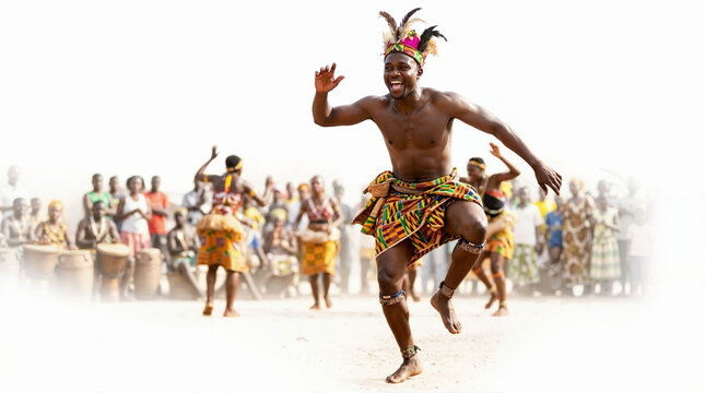 Energetic African man performing a traditional tribal dance. Smiling shirtless black male in cultural attire jumping during a festival