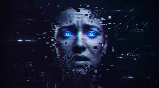 Distorted human face with glitch effect and bright blue glowing eyes artificial intelligence technology
