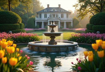 Obraz premium Sumptuous Mansion Surrounded by Pristine Gardens and Majestic Fountain in Blooming Elegance