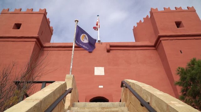 Low angle view of the main entrance to Saint Agatha's Red Tower in Malta.