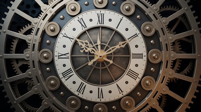 Steampunk clock with gears and Roman numerals machinery