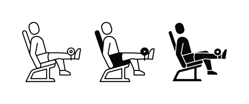 Gym Workout Icons: Leg Extension Machine, Fitness Exercise Vector Graphics