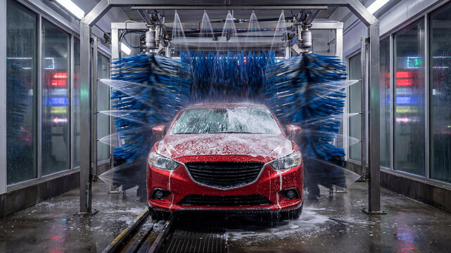 Red car inside automatic wash with rotating brushes and water foam spray. Modern vehicle care, cleaning service, maintenance, technology, transport industry.