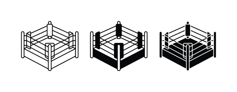Boxing Ring Icons, Combat Sport Arena Vector Graphics, Fighting Competition Square Set