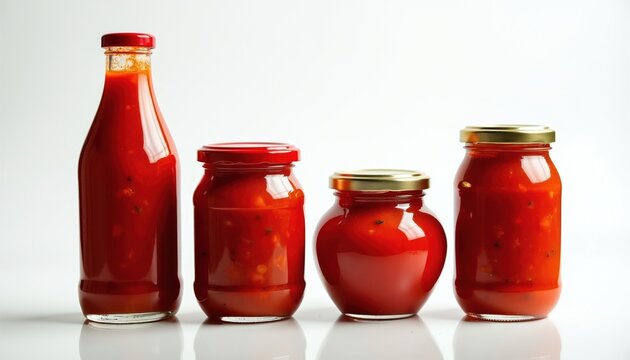 Four glass containers hold red tomato sauce. A tall bottle and three jars with metal lids sit on white surface. Food photography shows homemade marinara sauce.