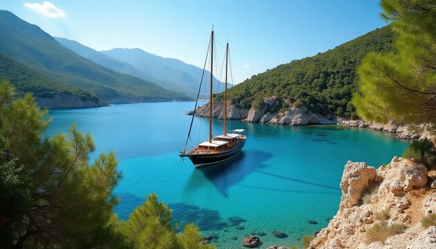 Large gulet boat anchored in clear blue sea bay. Steep green hills rise from shore. Rocky coastline with pine trees frames calm turquoise water.