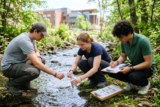 Students collect water samples from a stream for research. They wear casual clothes and work near a university building. The scene shows hands-on learning in nature.