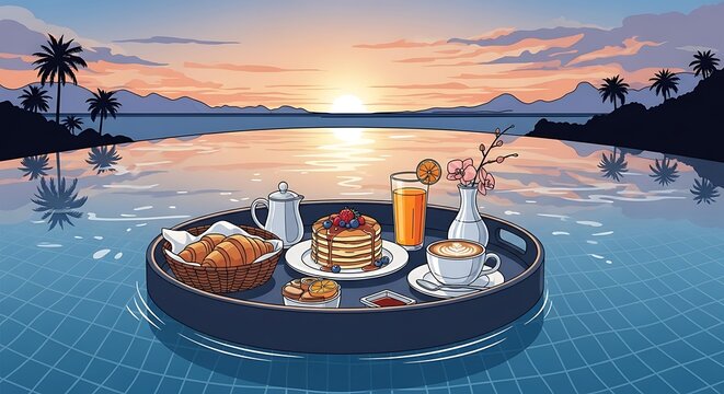 Breakfast floating on infinity pool water.