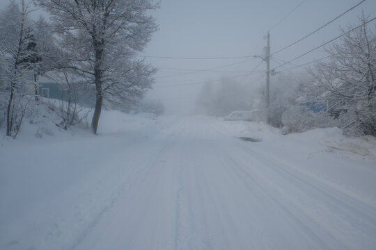A snow covered street and neighborhood in winter. Fine show, and fog, fills the air greatly reducing visibility.
