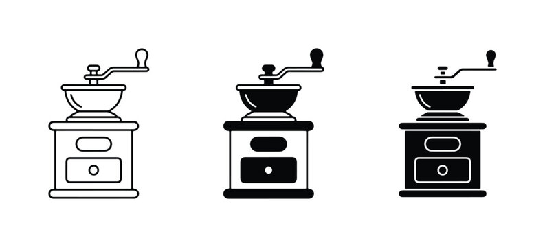 Retro Coffee Grinder Icons, Vintage Manual Grinding Machine Set, Black and White Kitchen Tools