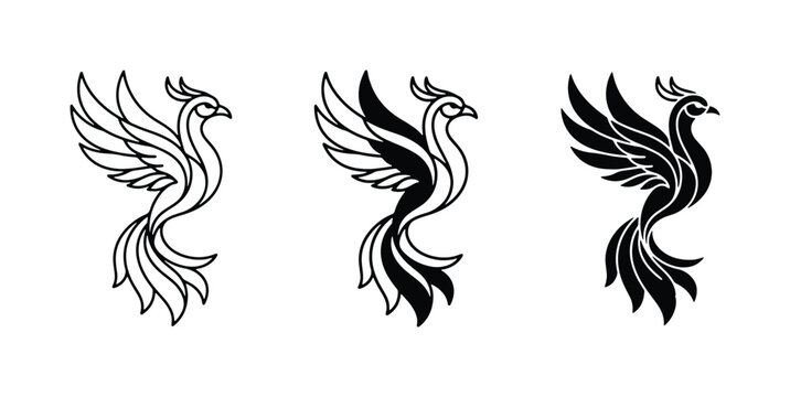 Elegant Phoenix Vector Icons, Mythical Bird Graphics, Black and White Symbol Designs