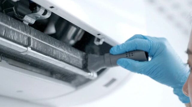 Professional cleaning of an air conditioner unit by a technician wearing blue gloves