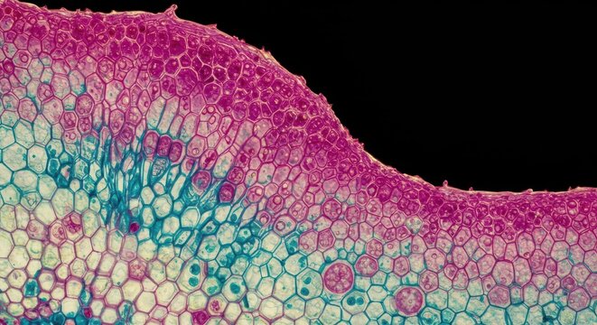 Detailed microscopic view illustrating the complex cellular organization within plant vascular tissue, showcasing structural integrity and function, wall, parenchyma, plant