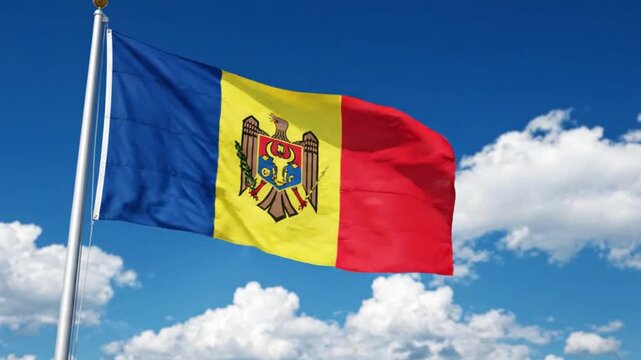 Flag of moldova waving against a blue sky