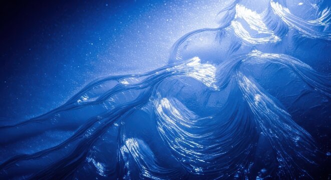 Intense abstract background featuring thick, patterned ice formations illuminated by a cold, deep sapphire blue light, peaceful, detail, snowy