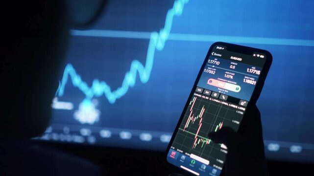 Investor Analyzing Stock Market Data on Smartphone with Trading App and Financial Charts