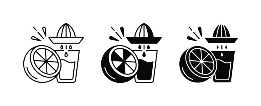 Citrus Juicing Icons: Lemon Squeezer, Fresh Juice, and Fruit Pressing Graphics
