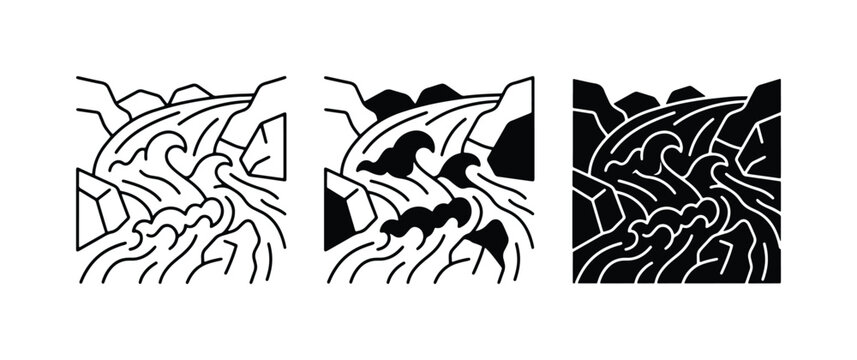 Waterfall Vector Art, Cascading Water Flow, Natural Landscape Icons, Dynamic River Motion
