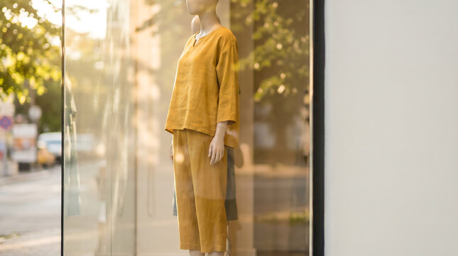 Displayed mannequin wearing mustard-colored outfit stands in a shop window, with reflections of trees and street visible in the glass