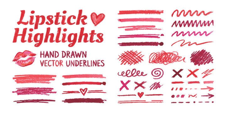 Collection of hand drawn lipstick highlights and vector underlines in pink and red colors for makeup design elements