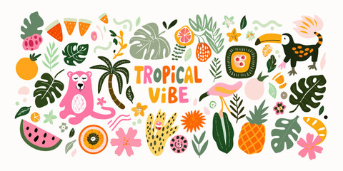 Tropical illustration with fruits flowers and animals on white background © Jugal