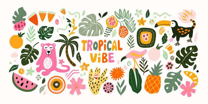 Tropical illustration with fruits flowers and animals on white background