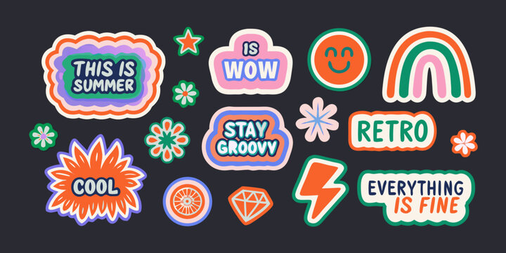 Retro sticker pack with groovy typography and colorful illustrations