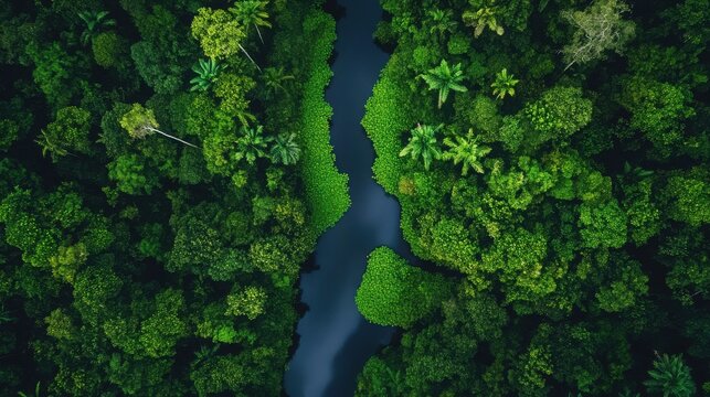 Aerial view of a jungle river cutting through dense green canopy
