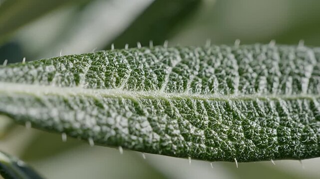 Closeup Macro View of a Textured Green Leaf Surface.