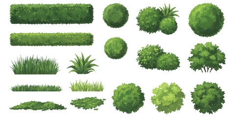 Set of green bushes and grass patches for garden landscape design and park environment decoration © GraphixEra
