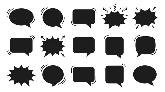 Set of black speech bubbles featuring various unique shapes and styles for digital communication designs including comic book effects and rounded rectangle containers for messages in this creative gra