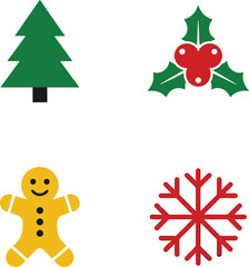 Fototapeta premium Set of Four Minimalist Christmas Icons Featuring a Green Pine Tree Red Holly Berries Gingerbread Man and Snowflake for Holiday Design