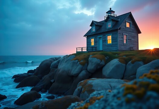 Charming Lighthouse Keeper Cottage Seaside Dawn Morningscape Rocky Coast Authentic Rustic Ambiance