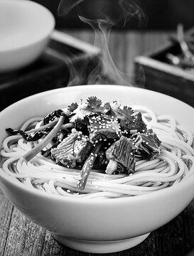 Steaming bowl of traditional Henan Hui Mian noodles with beef