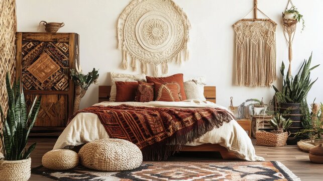 Boho bedroom interior with woven wall hangings and plants