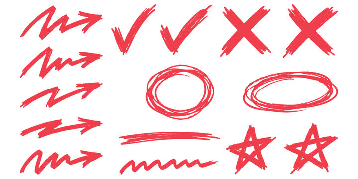 Set of hand drawn red markers including arrows checkmarks crosses circles and stars for highlighting important notes