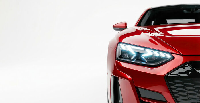 Close up front corner of glossy red sport coupe with sharp angular LED headlight on white studio background