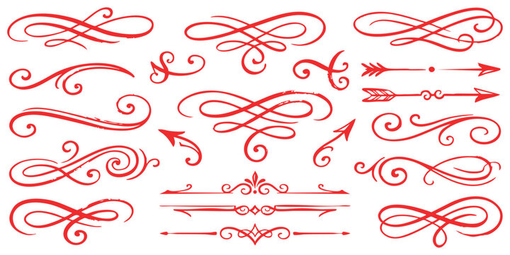 Collection of hand drawn red flourish swirl ornaments and decorative calligraphic dividers for elegant page design