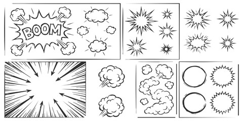 Set of hand drawn comic book sound effects and speech bubbles with explosion shapes and speed line action backgrounds © GraphixEra