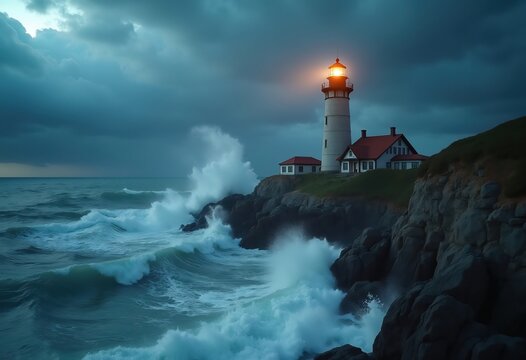 Historic Lighthouse Towering Over Rocky Coast Amidst Tumultuous Storm