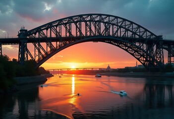 Fototapeta premium Steel Bridge Spanning Wide River Under Vibrant Sunset